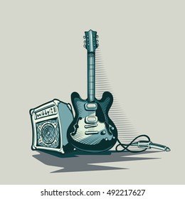 Music design - drawn guitar and amplifier