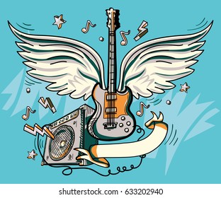Music design - drawn winged guitar and amplifier