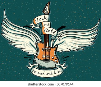 Music design - drawn winged rock and roll guitar