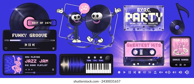Music design elements. Audio player UI template, retro cassette tape mascot, vinyl note symbol, mini player and sound synth sampler user interface vector illustration set
