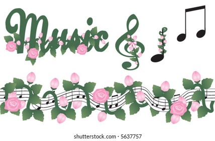 Music design elements with pink rosebud theme.  Music staff and note border is a repeating seamless pattern