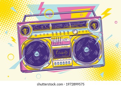 Music design - funky colorful drawn boom box tape recorder