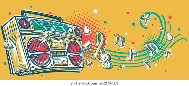 Music design - funky colorful drawn boom box tape recorder with clef and musical notes