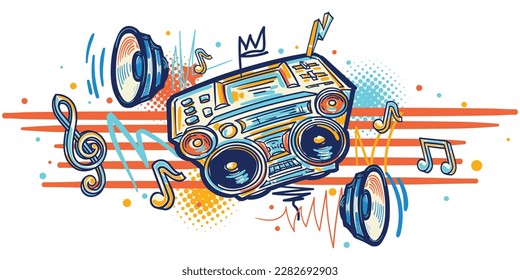 Music design - funky colorful drawn boom box tape recorder, speakers and musical notes