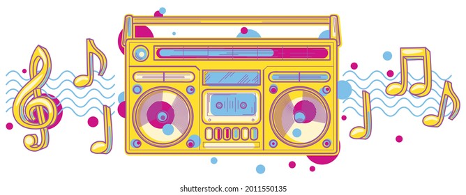 Music design - funky colorful playing boombox with musical notes