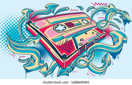 Music design - funky drawn audio cassette and graffiti arrows