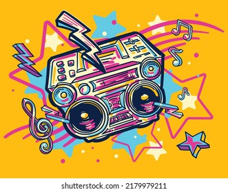 Music design - funky drawn colorful boom box tape recorder 
