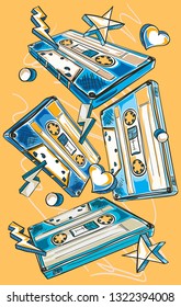 Music design - funky drawn retro audio cassettes