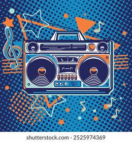 Design musical - gravador de fita retro boom box funky e notas musicais