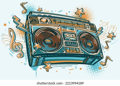 Music design - hand drawn colorful boom box tape recorder and musical notes