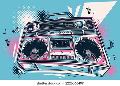 Music design - hand drawn colorful boom box tape recorder and musical notes