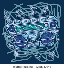 Music design - hand drawn retro boom box tape recorder and musical notes