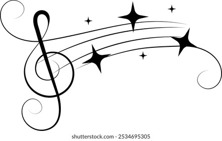 Music design. Horizontal wave with swirls, treble clef and stars. For concert, music, stickers, t-shirts.