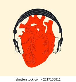 Music design. Listening to music. Headphones with human heart vector illustration