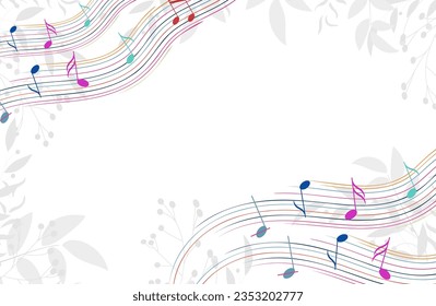 Music Design. Multicolored musical wave on a background with leaves. For concerts, music, presentations, certificates.