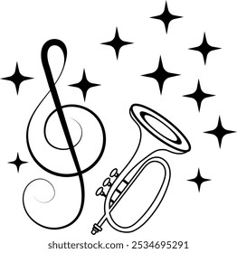 Design musical. Trompete musical, clave aguda, notas e estrelas. Para concerto, música, adesivos, camisetas. 