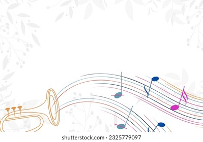 Music Design. Musical wave and trumpet on a background with leaves. For concerts, music, presentations, certificates.