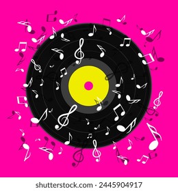 Music design with notes and vinyl record on pink background, vector