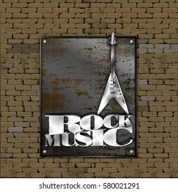 Music design. Old brick wall rusty metal sheet iron guitars and rock inscription.