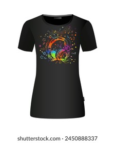 Diseño musical en una camiseta. Música de abstracción coloreada. Auriculares y notas. Impresión de camisetas. dibujo a mano. No la IA. Ilustración vectorial.