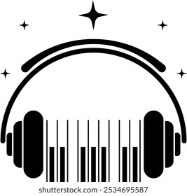 Music design. Piano keys, headphones and stars. For concert, music, stickers, t-shirts.