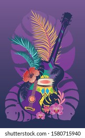 Music design with retro acoustic guitar, drum and tropical leaves and flowers.