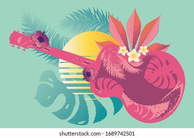 Music design with retro acoustic guitar and tropical leaves and flowers.