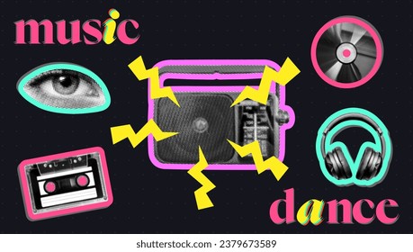 music design set with radio receiver retro audio cassette compact disc headphones eye on dark dotted background halftone crazy grunge vintage cutout collage elements for mixed media design