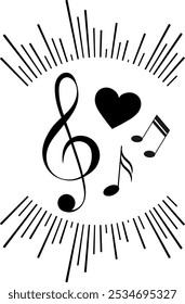 Music design. Sound wave, heart, treble clef and musical notes. For concert, music, stickers, t-shirts.