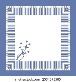 Design musical. Quadrado musical azul quadrado. Chaves de piano e trompete musical. Para concertos, música, prêmios.