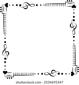 Design musical. Moldura de música quadrada. Treble clef, guitarra e coração. Para concertos, música, prêmios.