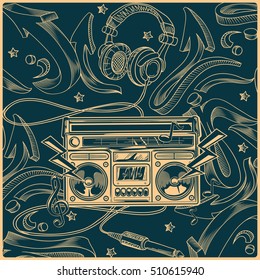 Music design - tape recorder on graffiti background