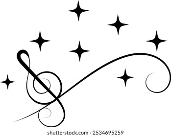 Music design. Treble clef around a wave with a curl and a star. For concert, music, stickers, t-shirts.