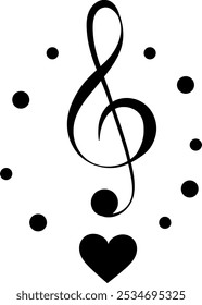 Music design. Treble clef, circles and heart. For concert, music, stickers, t-shirts.