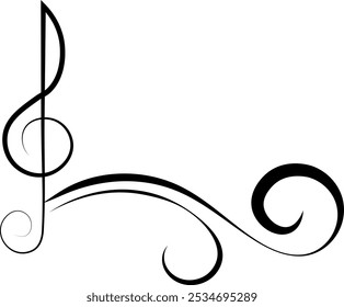 Music design. Treble clef and curls. For concert, music, stickers, t-shirts.