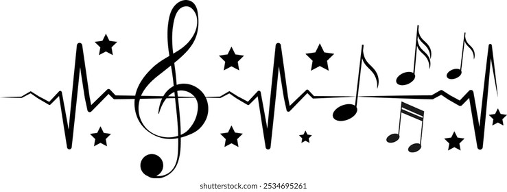 Music design. Treble clef and musical notes on heartbeat. For concert, music, stickers, t-shirts.