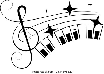 Music design. Treble clef, swirls, stars and piano keys. For concert, music, stickers, t-shirts.