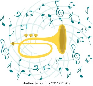 Music Design. Trumpet and blue notes. For concert, music, stickers, t-shirts.
