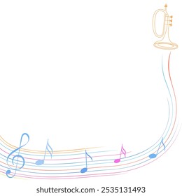 Design musical. Trompete, clave aguda e notas musicais. Para concerto, música, adesivos, camisetas.