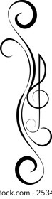 Music design. Vertical scrolls and treble clef. For concert, music, stickers, t-shirts.