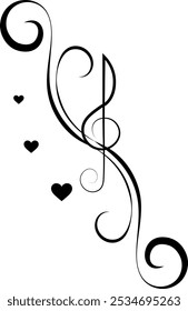 Music design. Vertical swirls, heart and treble clef. For concert, music, stickers, t-shirts.