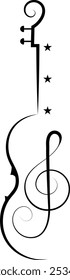 Music design. Vertical violin and treble clef. For concert, music, stickers, t-shirts.