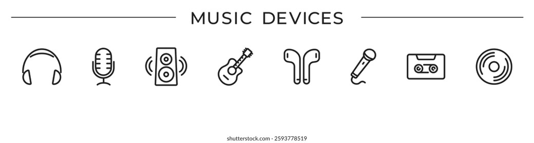 Music device icons set. Headphones, microphone, guitar,record, earphones. Vector.
