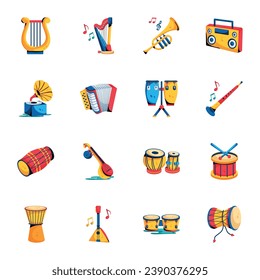 Music Devices and Folk Instruments Flat Icons 

