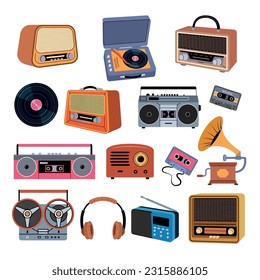 Music devices. Retro music gadgets headset radio and players recent vector stylized illustrations set