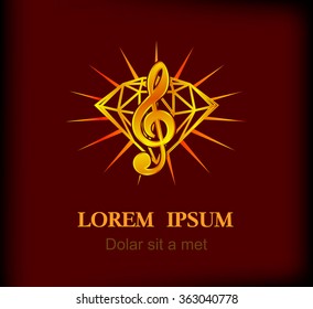 Music of diamond shape on star light background. Vintage element in hipster style, vector illustration.