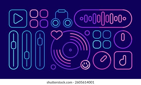 Music and digital sound. Modern flat illustration. Geometric pattern style. Dark theme with neon line art. Vector file.
