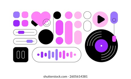 Music and digital sound. Modern flat illustration. Geometric pattern style. Banner, wallpaper. Vector file.