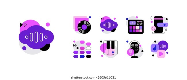 Music and digital sound. Set of flat art icons. Vector file.