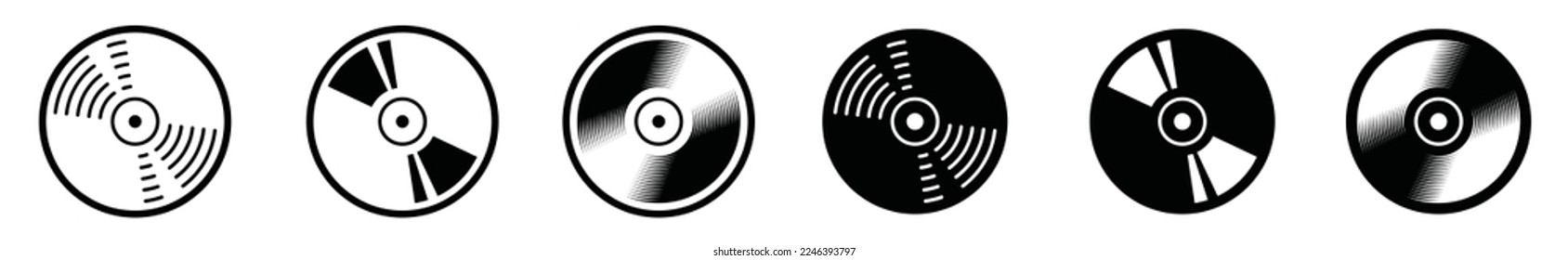 Music disc cassette icon set. CD or DVD cassette icon symbol. Vinyl record sign. Compact disc for apps and websites, vector illustration